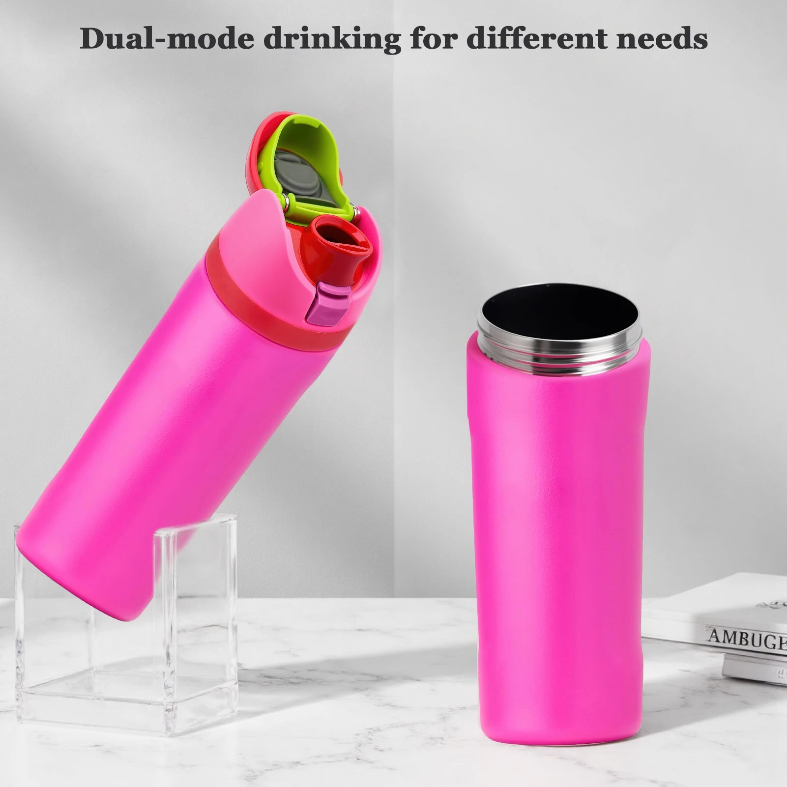 16oz Insulated Water Bottle - Stainless Steel, Double-Wall Vacuum, Straw Lid, Leak-Proof, for Hiking Travel Gym