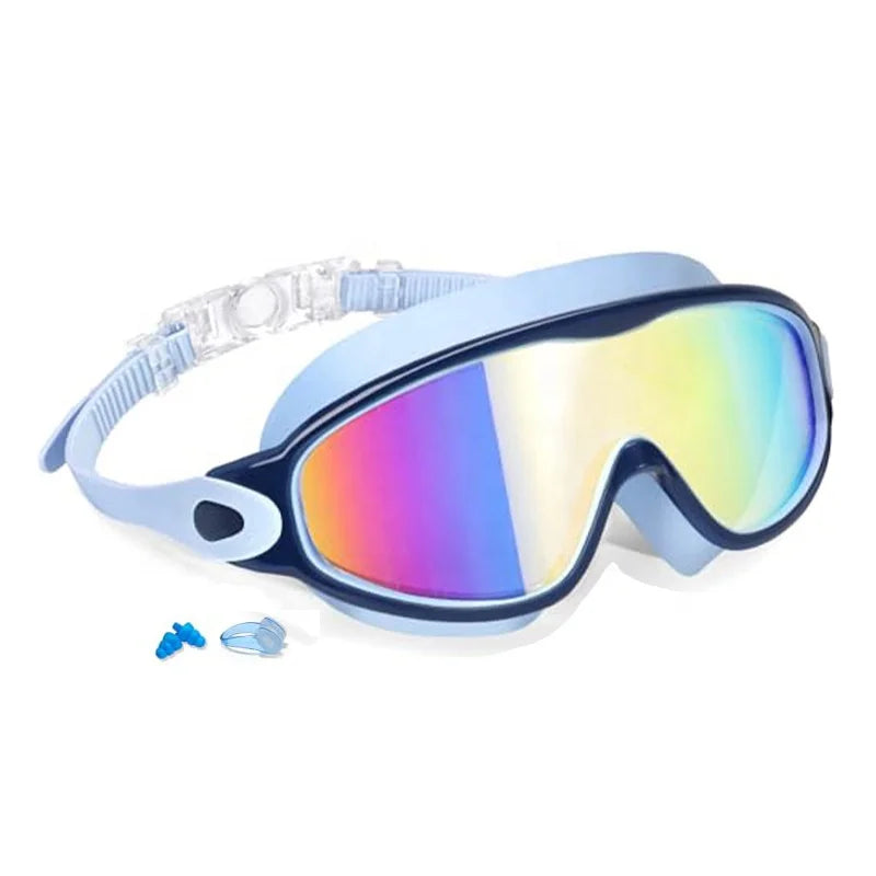 Adult Swimming Goggles - Large Frame, Anti-Fog, Waterproof, UV Protection, Electroplated PC Lenses, with Earplugs