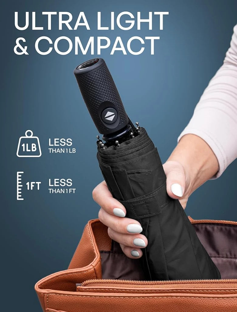 Windproof Travel Umbrella - 85+ MPH Tested, Automatic Open, Compact Fold, Rain & Sun Protection for Commuting Hiking