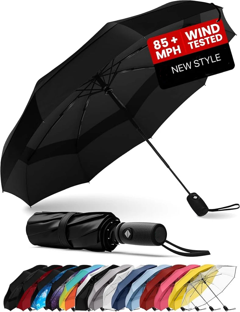Windproof Travel Umbrella - 85+ MPH Tested, Automatic Open, Compact Fold, Rain & Sun Protection for Commuting Hiking