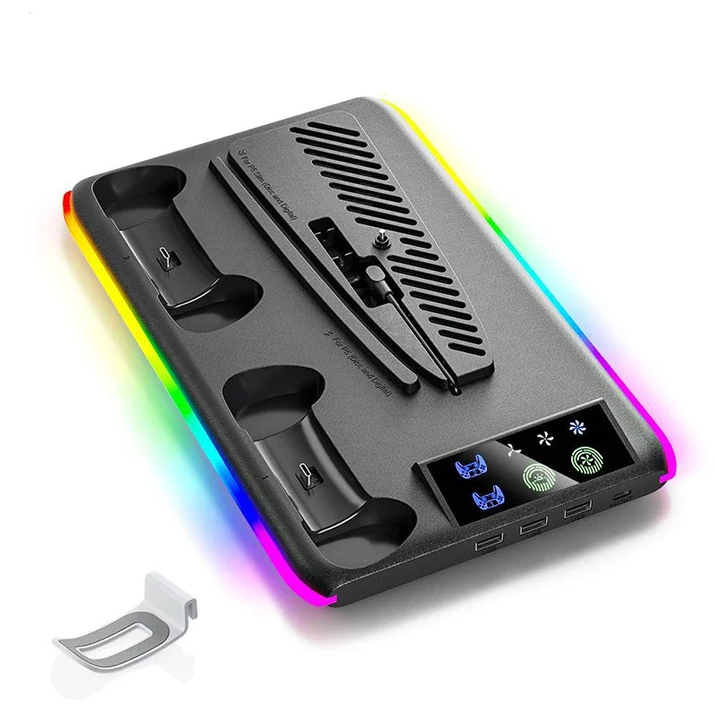 PS5 Cooling Stand - Charging Dock for Controllers, 3-Speed Fans, RGB Lights, Headphone Hook, for PS5/Slim/Pro