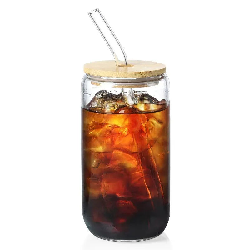 16oz Glass Can-Shaped Mug - Bamboo Lid + Glass Straw, Reusable, Eco-Friendly, for Iced Coffee Soda Cocktails