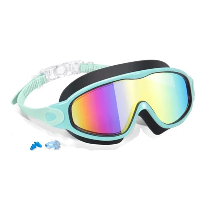 Adult Swimming Goggles - Large Frame, Anti-Fog, Waterproof, UV Protection, Electroplated PC Lenses, with Earplugs